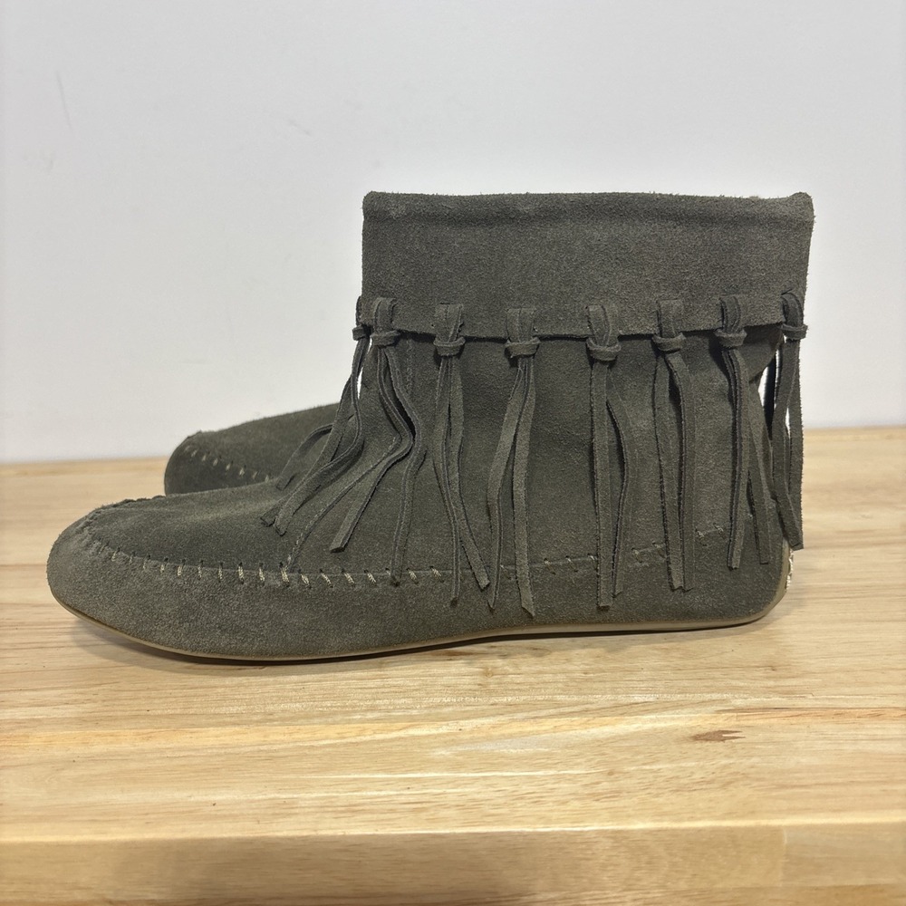 Lucky Brand Bootie Moccasin Fringe Suede Olive Green Festival Fur Lined Women 10